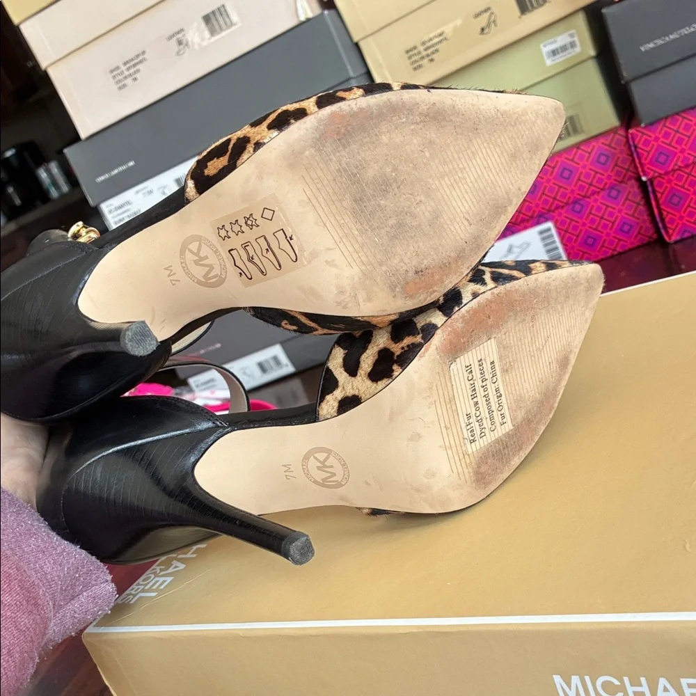 Michael Kors Leopard Print Pointed Toe Ankle-Strap Heels - Black/Leopard - Picture 5 of 6